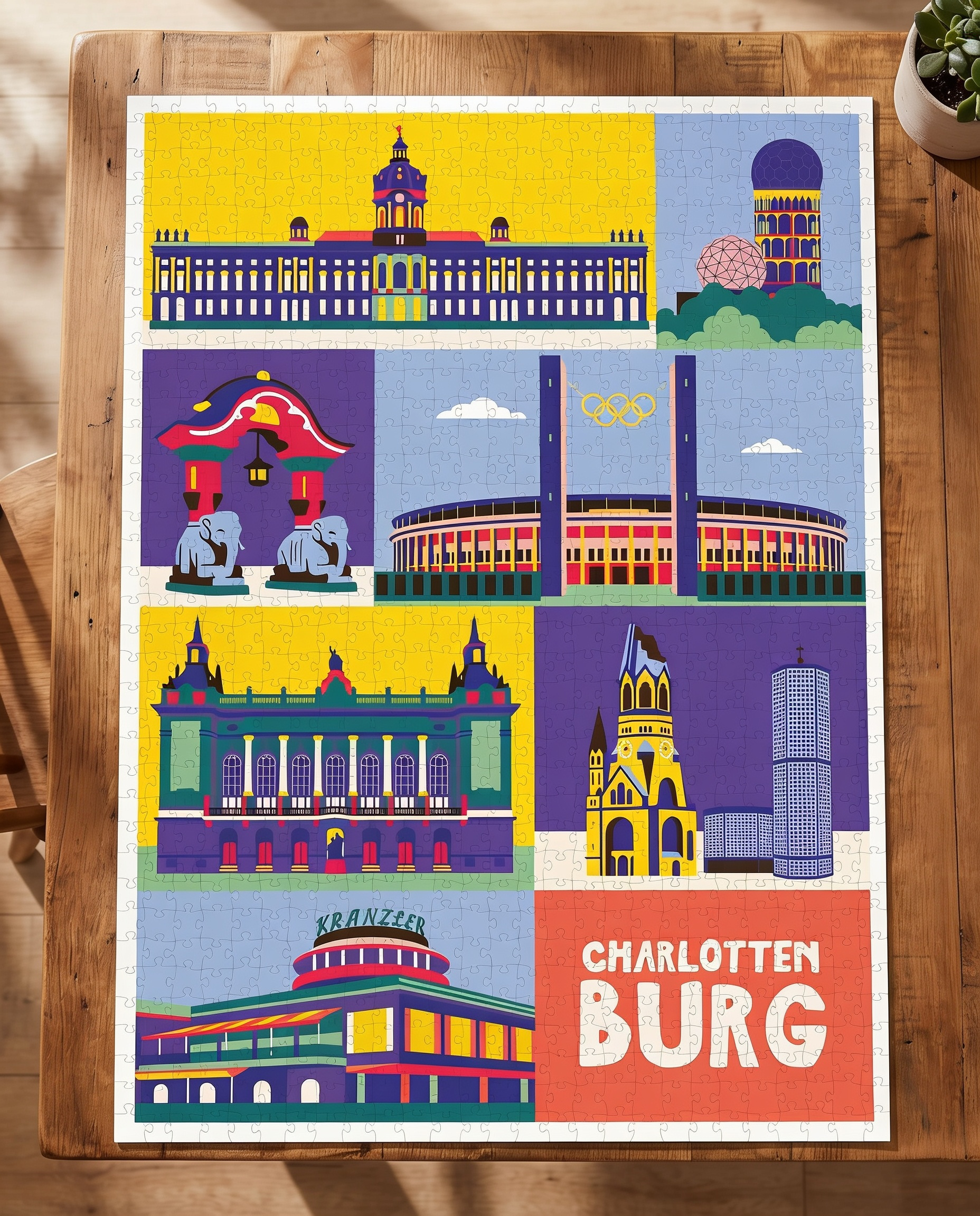 Vollständiges 1000 Teile Puzzle Berlin Charlottenburg im bunten Pop-Art Design, fertig gelegt auf einem rustikalen Holztisch.