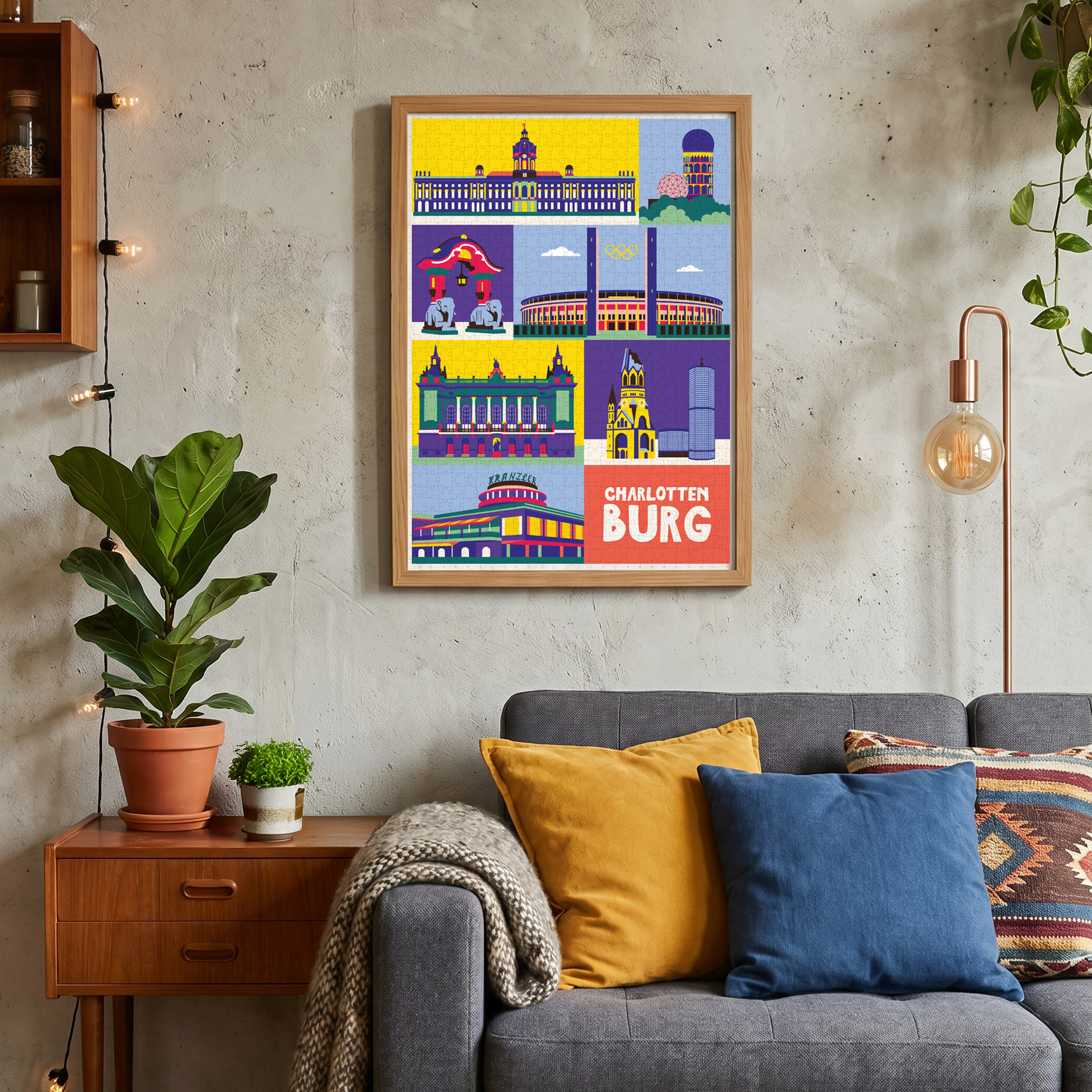 Gerahmtes Berlin Charlottenburg Puzzle als farbenfrohes Wandbild in einem modernen Wohnzimmer mit grauem Sofa im Hygge-Stil.