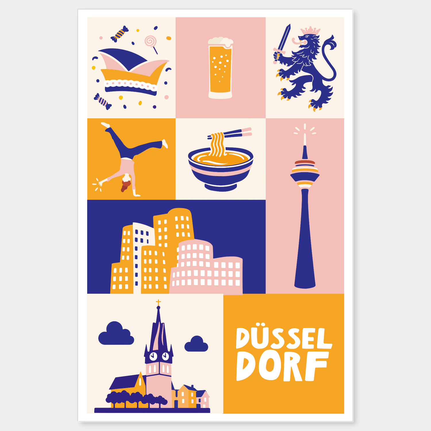 Düsseldorf Leinwand Wandkunst mit grafischer Collage und Stadt-Ikonen im modernen Scandi-Stil