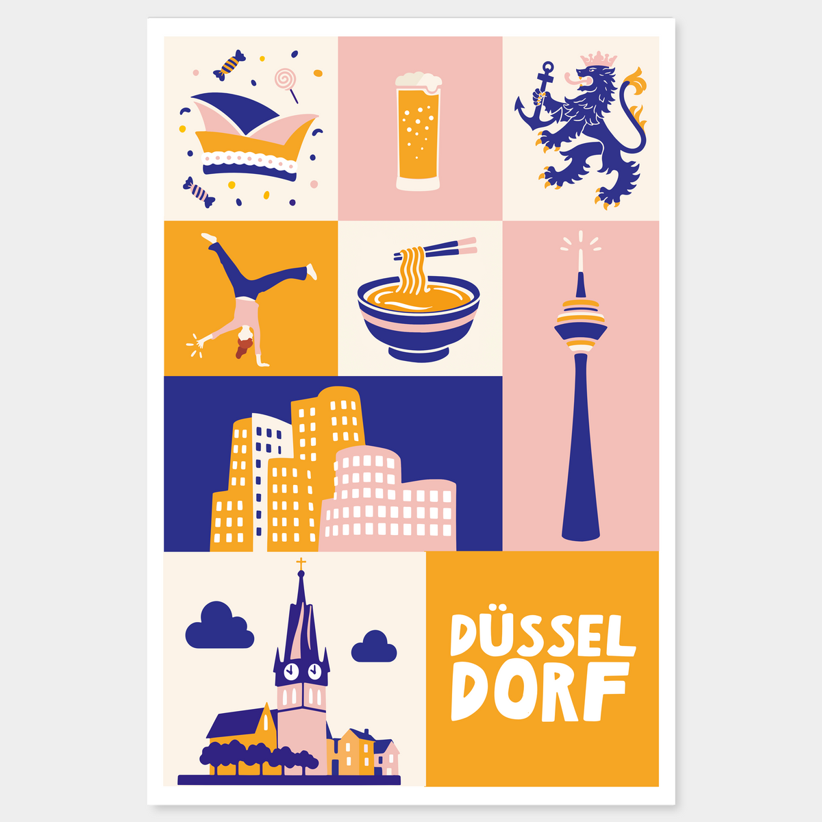 Hochwertiger Kunstdruck Düsseldorf Icons im Hochformat. Plakatives Flat-Design Poster mit urbanen Ikonen wie Ramen-Bowl, St. Lambertus Kirche und Narrenkappe.