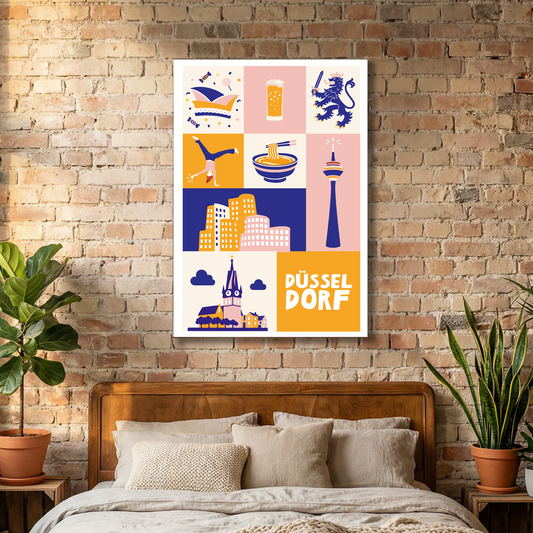 Moderne Leinwand Düsseldorf mit Rheinturm-Motiv und ikonischen City-Elementen als Wandbild