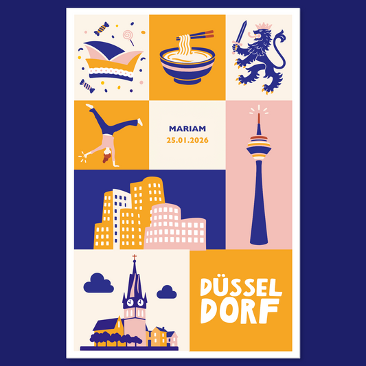 Personalisierte Düsseldorf Leinwand mit Rheinturm und Stadtillustration
