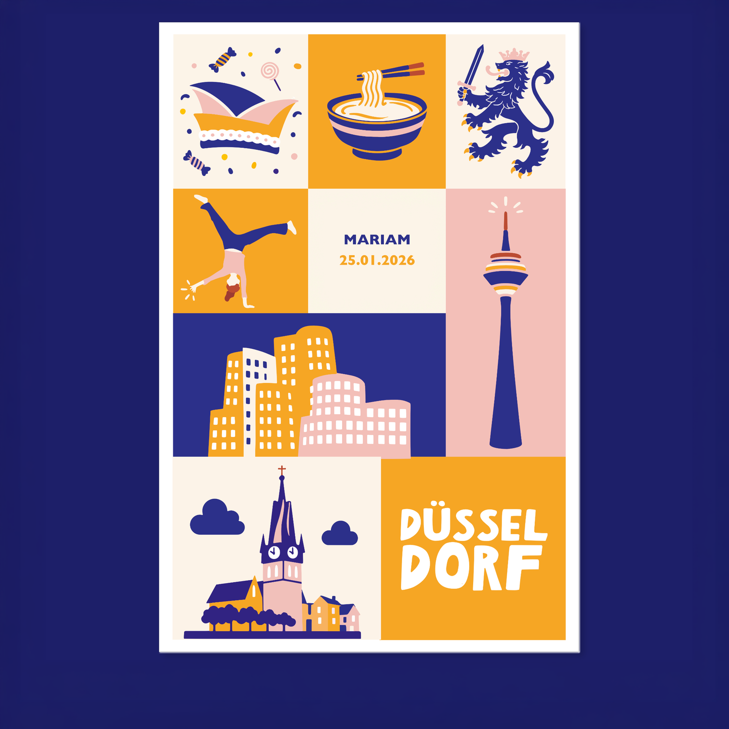 Personalisierte Düsseldorf Leinwand mit Rheinturm und Stadtillustration
