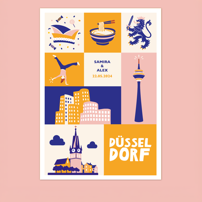 Düsseldorf Poster personalisiert mit zwei Namen und Datum, Geschenk für die beste Freundin