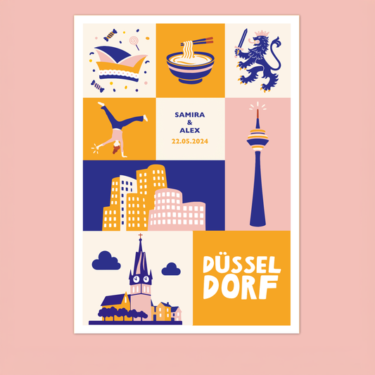 Düsseldorf Poster personalisiert mit zwei Namen und Datum, Geschenk für die beste Freundin