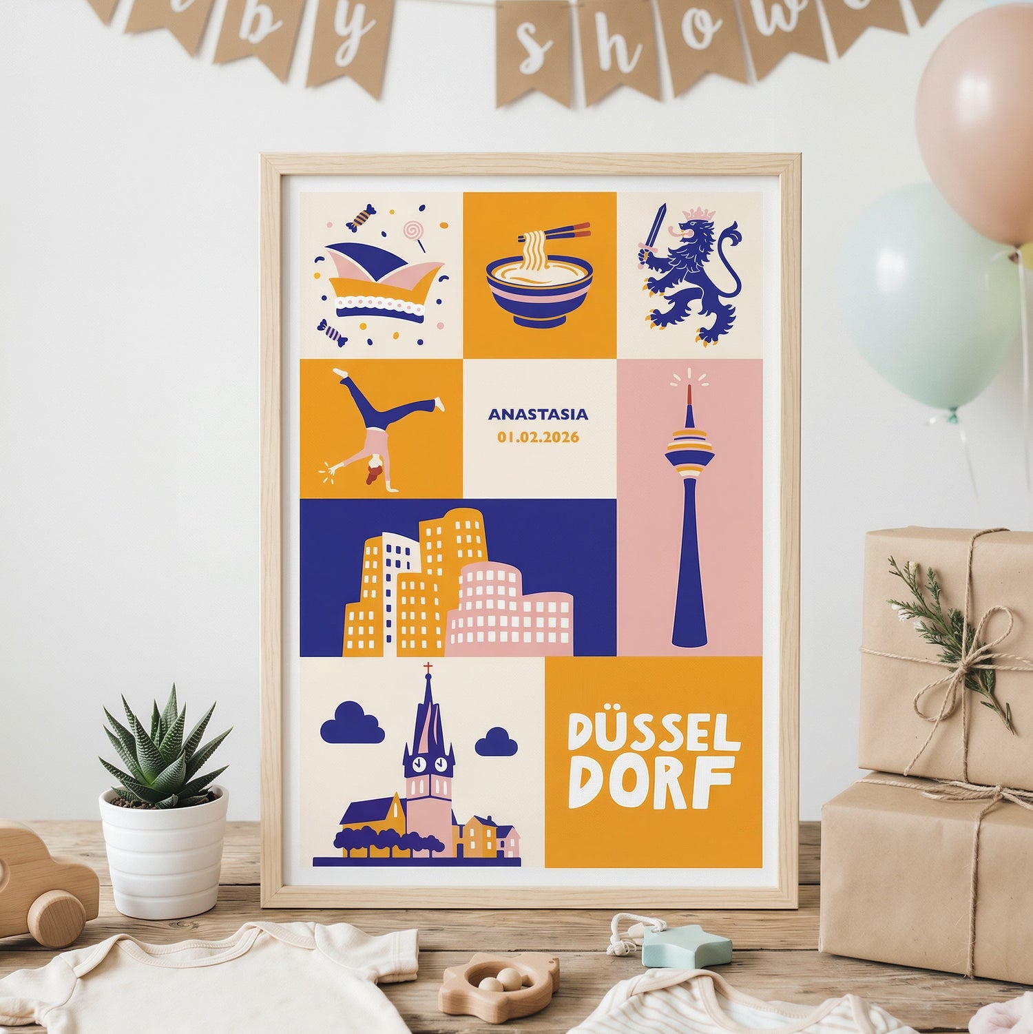 Modernes personalisiertes Stadtposter Düsseldorf als Geschenkidee, Geschenk zur Geburt