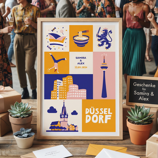 Personalisierbares Wandbild mit Düsseldorf-Wahrzeichen, personalisiertes Hochzeitsgeschenk 