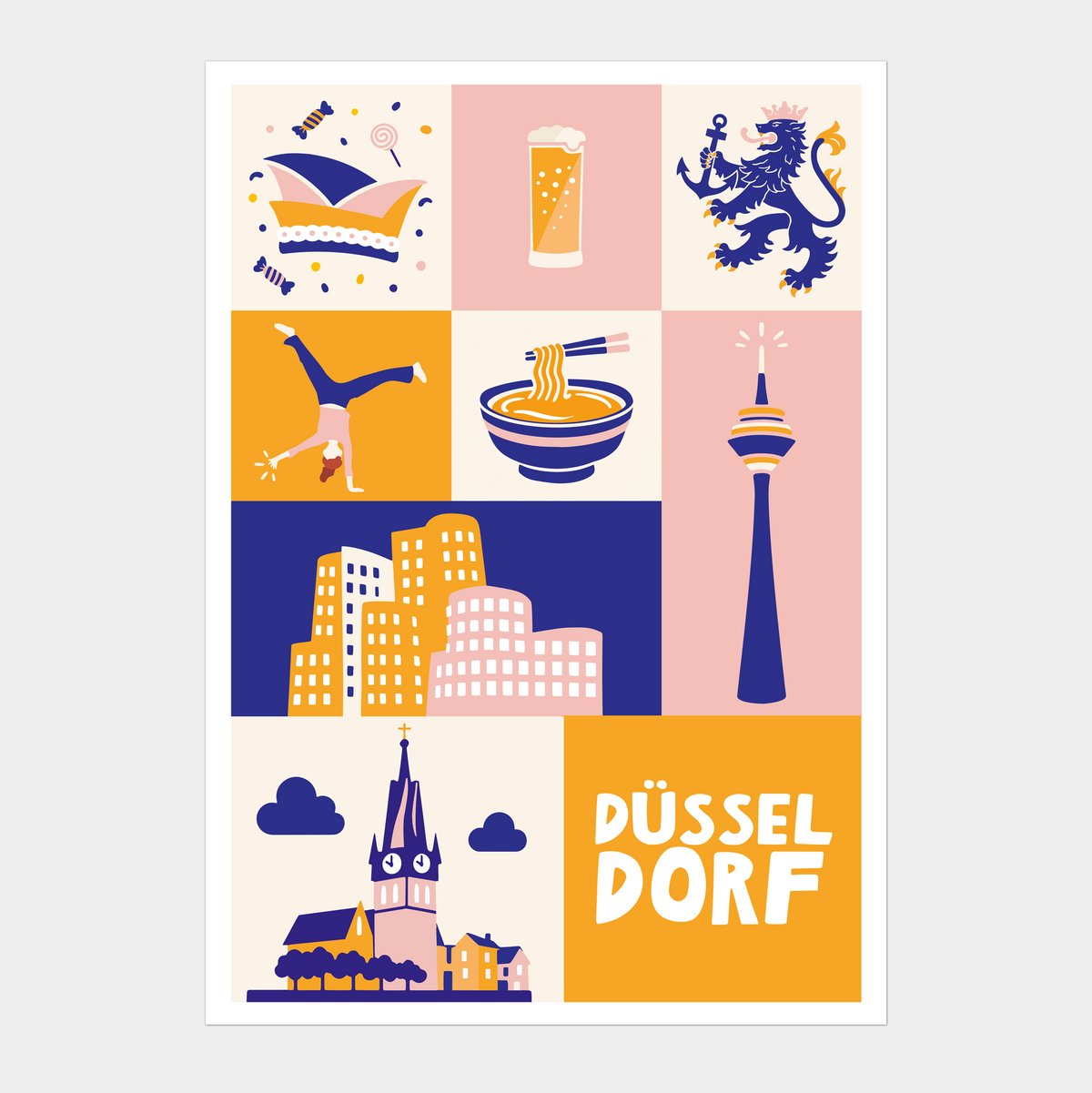 Düsseldorf Poster mit Rheinturm und moderner Stadt Illustration