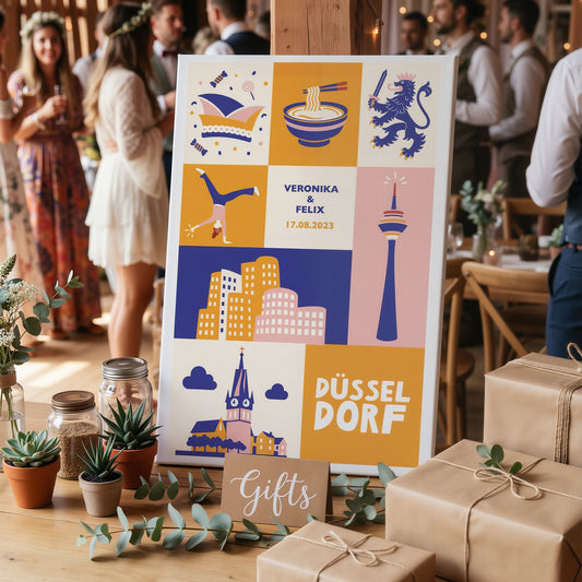 Personalisierte Düsseldorf Leinwand als Hochzeitsgeschenk, moderne Stadtillustration mit Rheinturm und Wahrzeichen