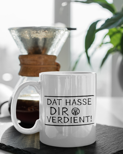 Weiße Keramiktasse mit schlichtem, aber ausdrucksstarkem Ruhrpott-Spruch.