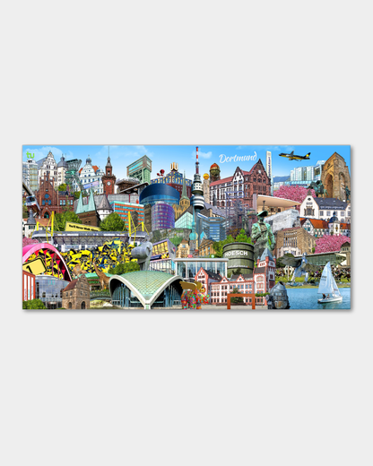 ochwertige Leinwand mit detailreicher Dortmund-Collage.