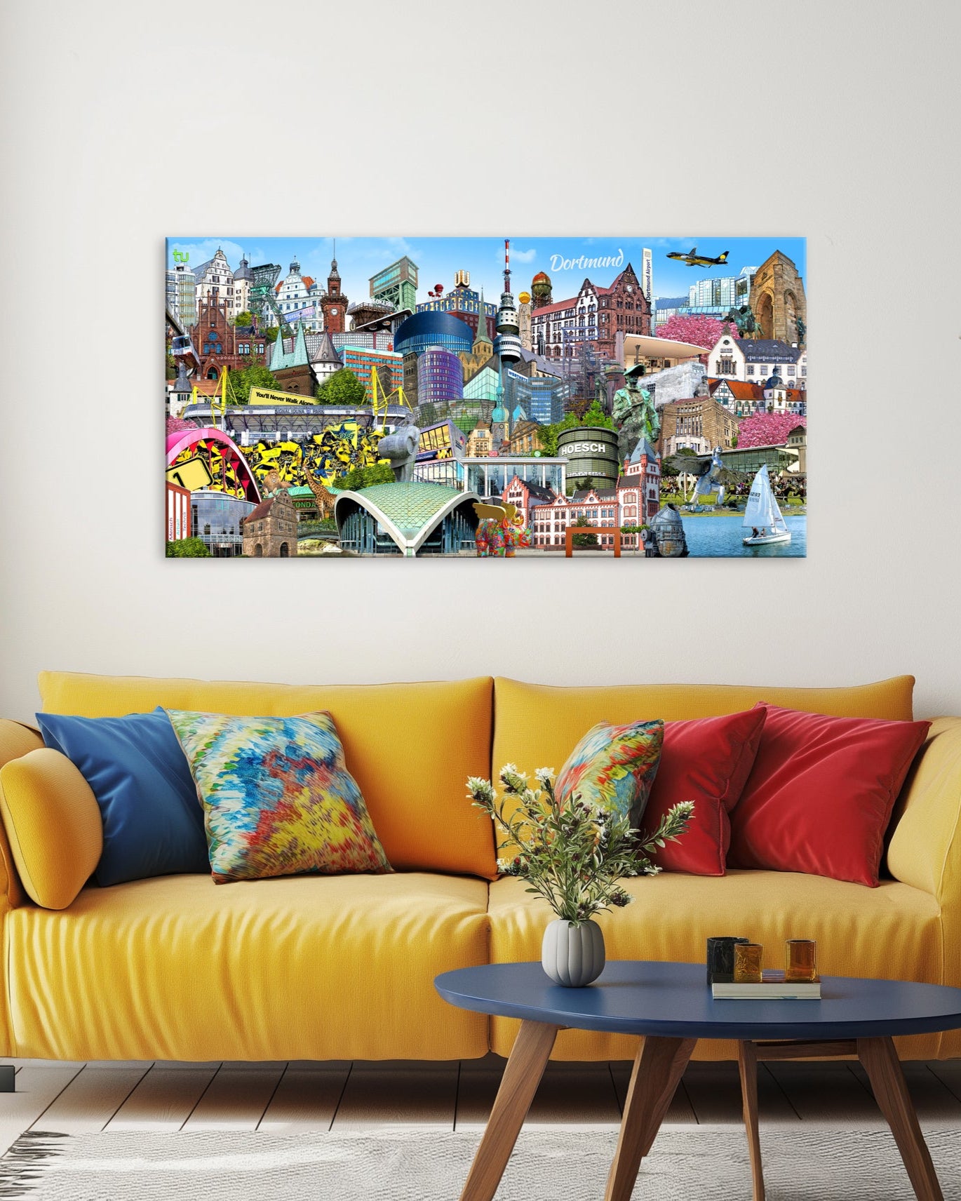 Dortmund-Wandbild mit ikonischen Wahrzeichen als Kunstwerk.
