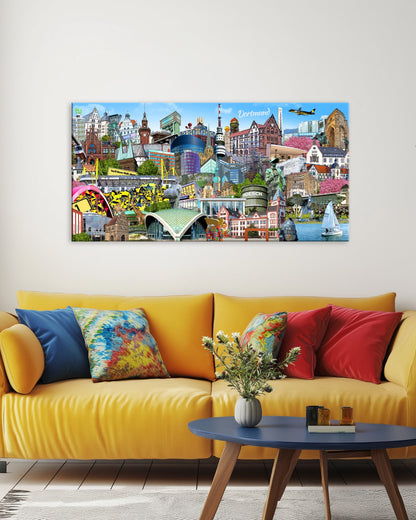 Dortmund-Wandbild mit ikonischen Wahrzeichen als Kunstwerk.