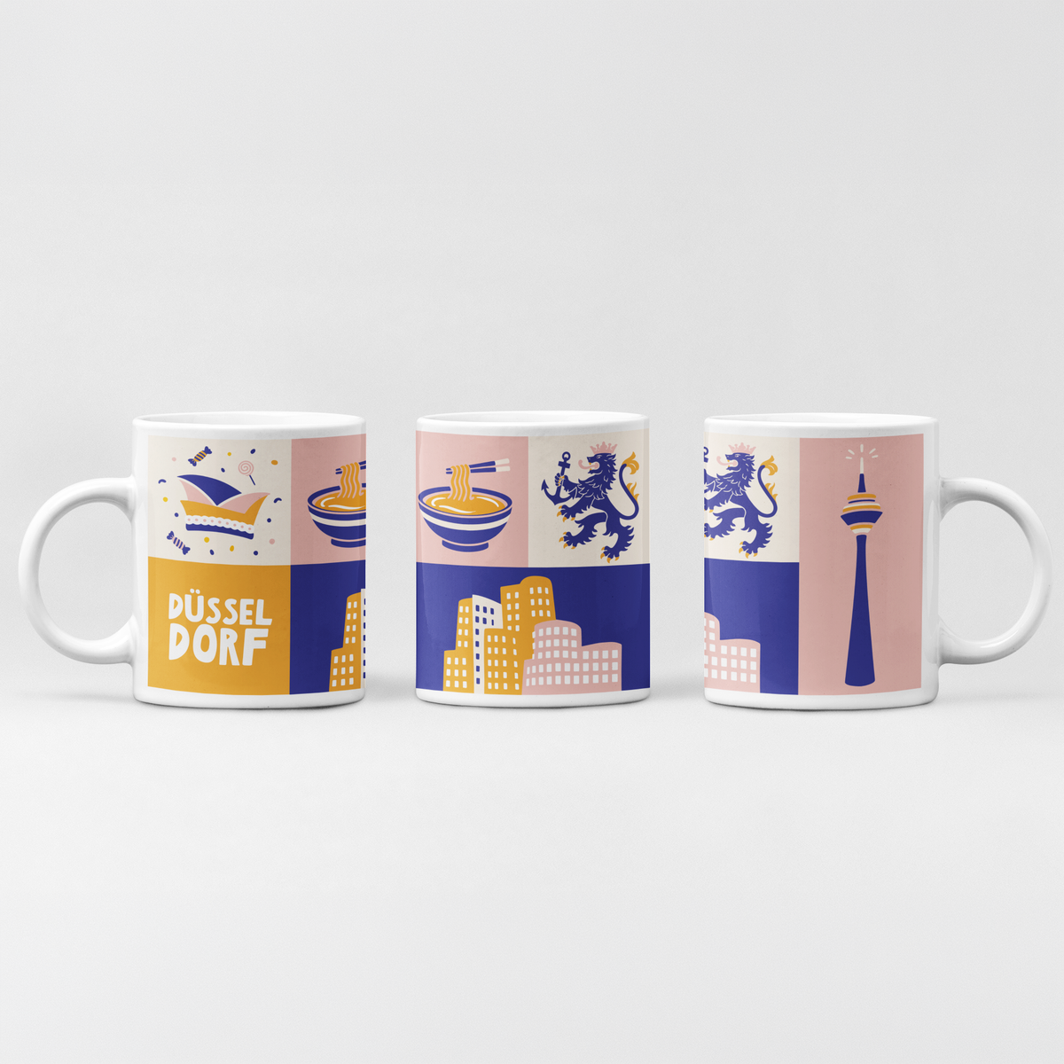 Bedruckte Düsseldorf Tasse mit Fernsehturm, Skyline und Karnevalsmotiven