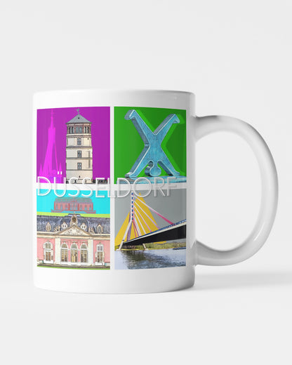 Weiße Keramiktasse mit farbiger Düsseldorf-Collage, gestaltet von Künstler Bernd Röttgers.