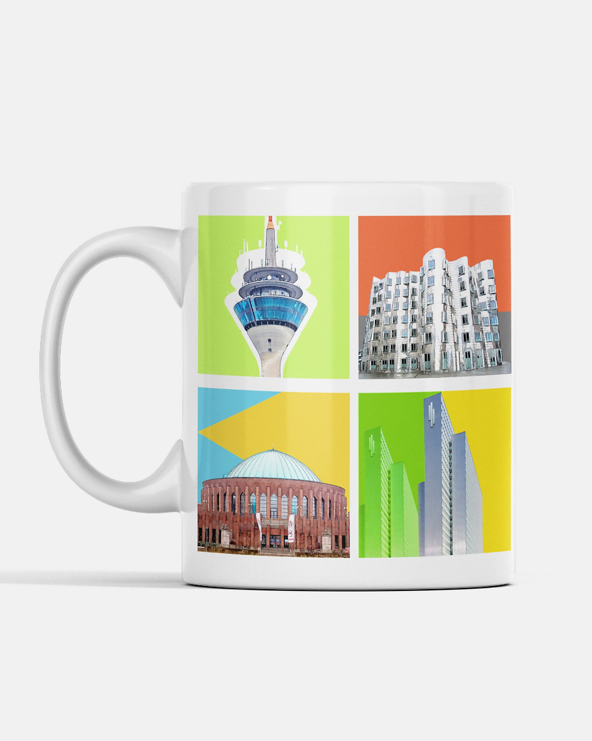 Düsseldorf-Tasse mit modernen Wahrzeichen und farbenfrohem Design, beidseitig bedruckt.