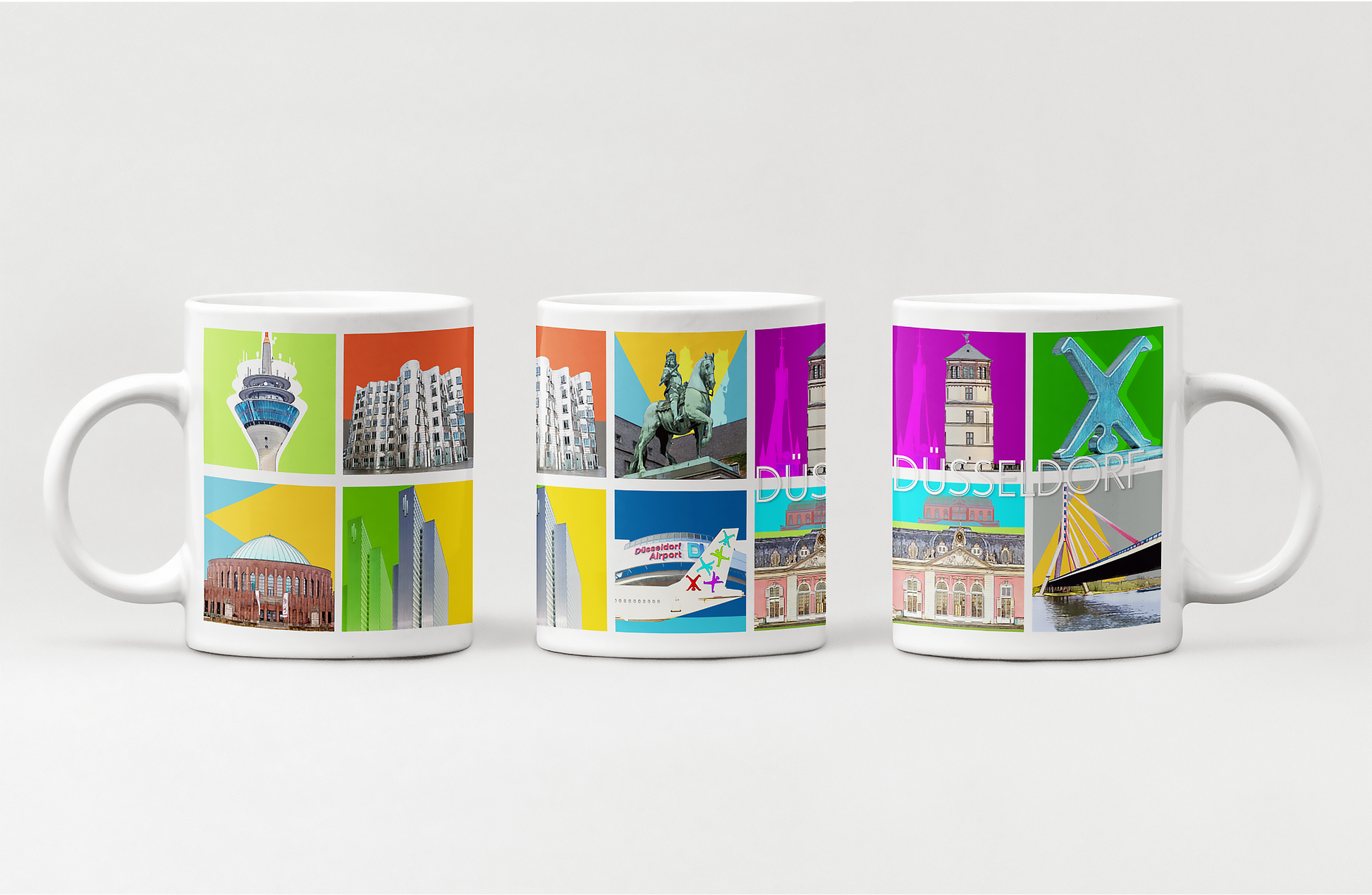 Hochwertige Keramiktasse mit Düsseldorfer Sehenswürdigkeiten in moderner Gestaltung.