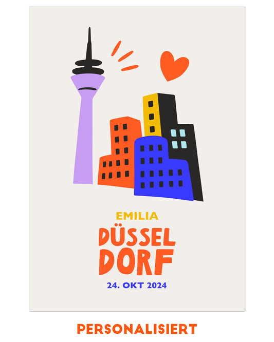 Personalisierbares Düsseldorf Poster mit Fernsehturm und Gehry Bauten