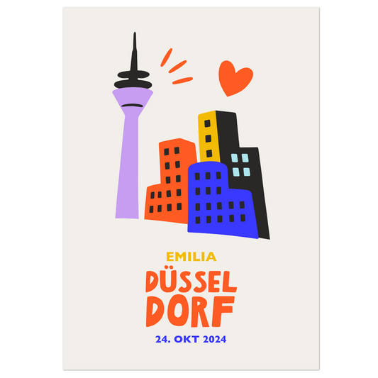 Personalisierbares Düsseldorf Poster mit Fernsehturm und Gehry Bauten
