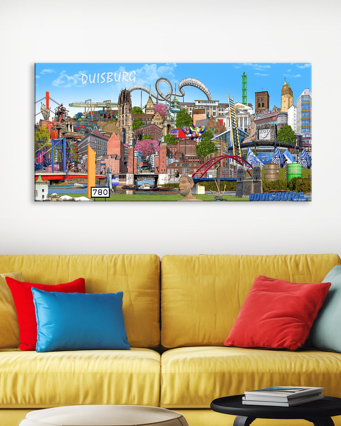 Duisburg-Wandbild mit ikonischen Wahrzeichen als Kunstwerk.