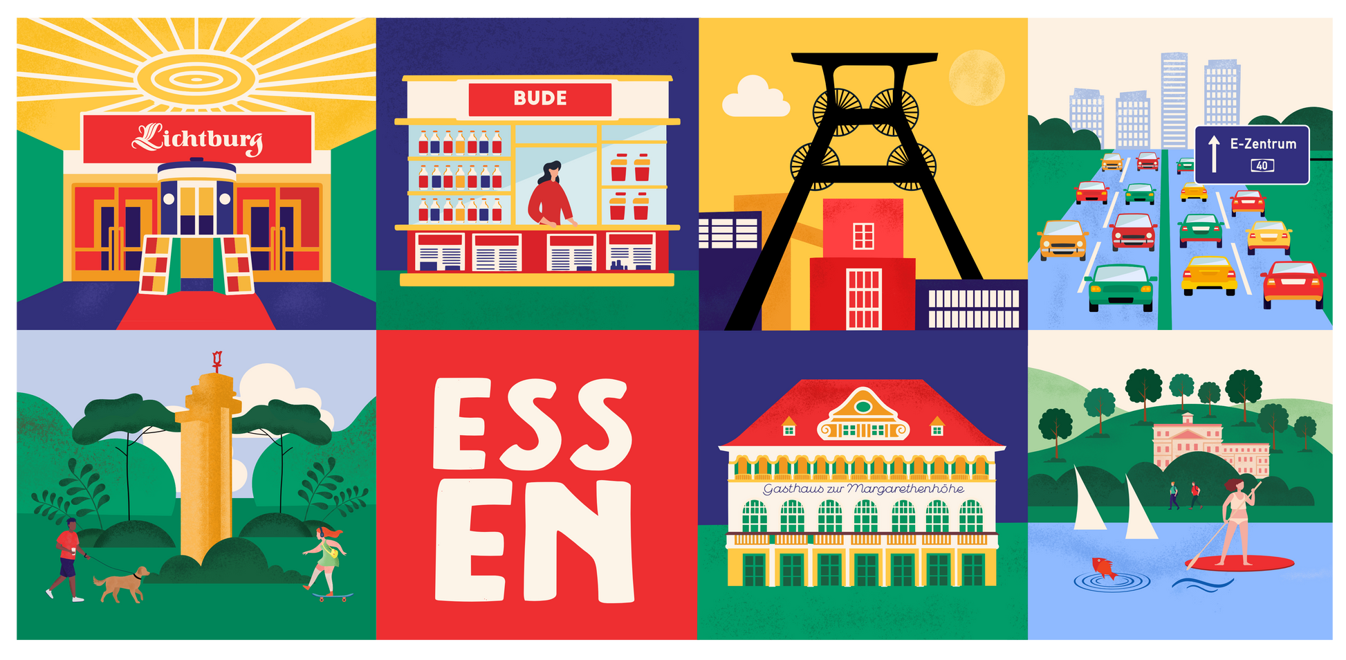 Grafik Essener Stadttasse bunte Ikonen Mid-Century Stil