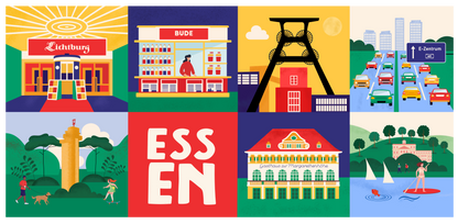 Grafik Essener Stadttasse bunte Ikonen Mid-Century Stil