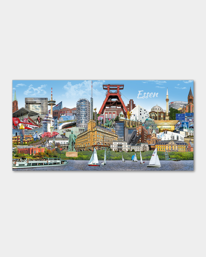 Hochwertige Essen-Leinwand mit Collage der Stadtwahrzeichen.
