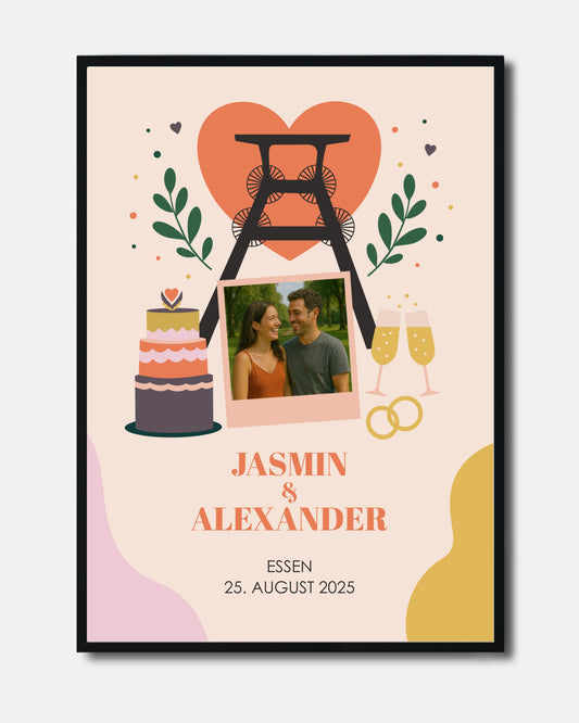 Personalisierbares Hochzeits-Poster mit Zeche Zollverein in Essen, Herz und Foto des Paares – modernes Design in warmen Farben