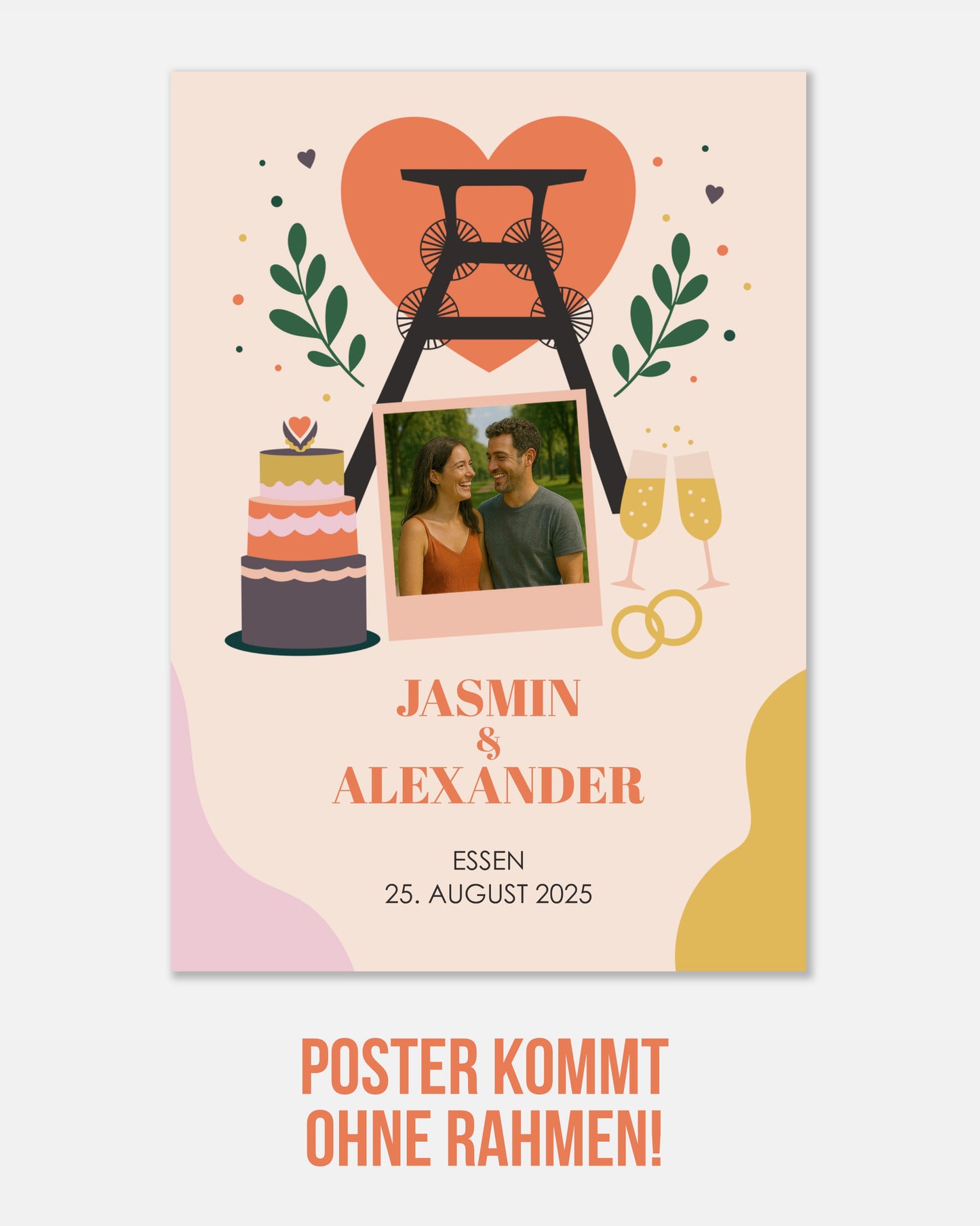 Individuelles Hochzeitsposter mit regionalem Motiv aus Essen, Namen, Datum, Ort und persönlichem Foto