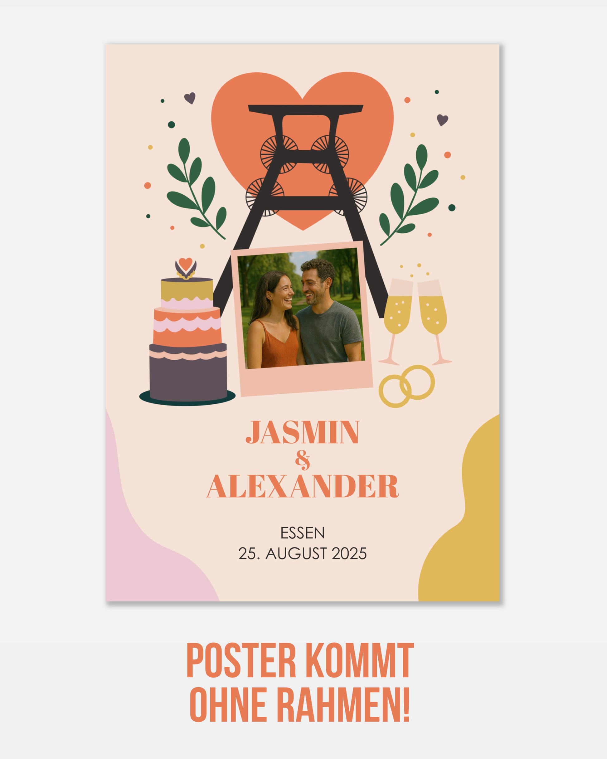 Individuelles Hochzeitsposter mit regionalem Motiv aus Essen, Namen, Datum, Ort und persönlichem Foto