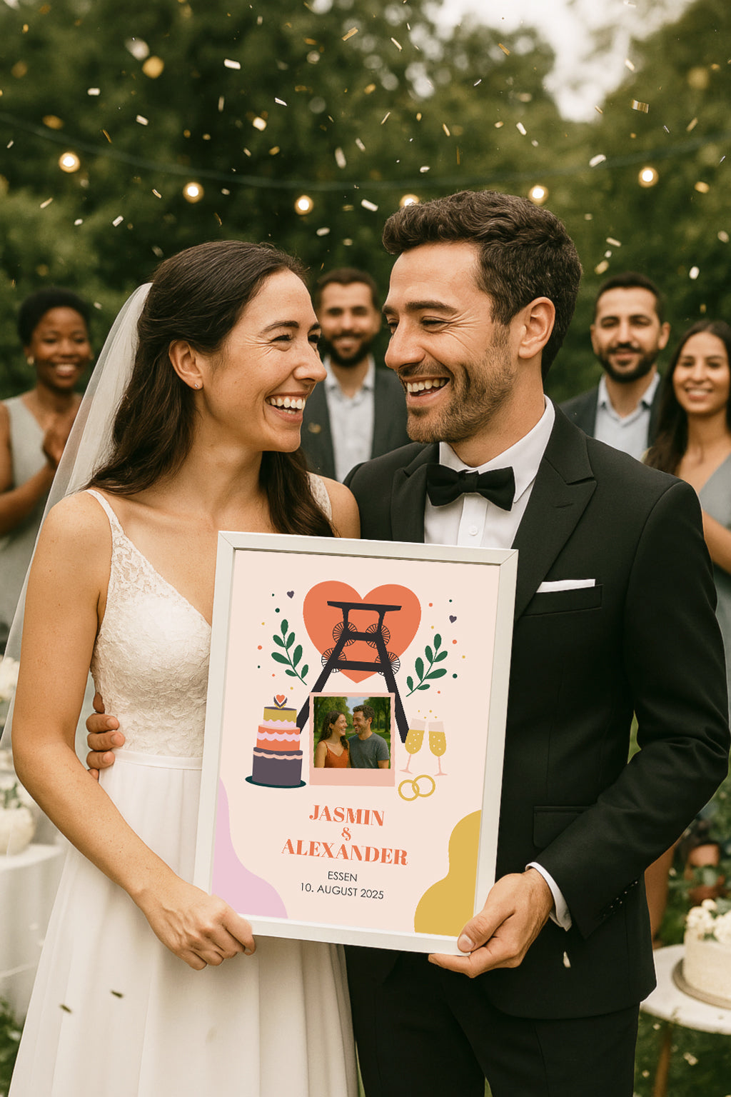 Modernes Hochzeitsposter mit Ruhrpott-Flair, Zeche-Motiv, Sektgläsern, Eheringen und Torte