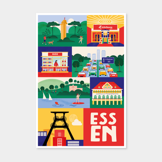 Leinwand Essen Illustration mit Zeche Zollverein und A40 im Modern-Retro Stil.