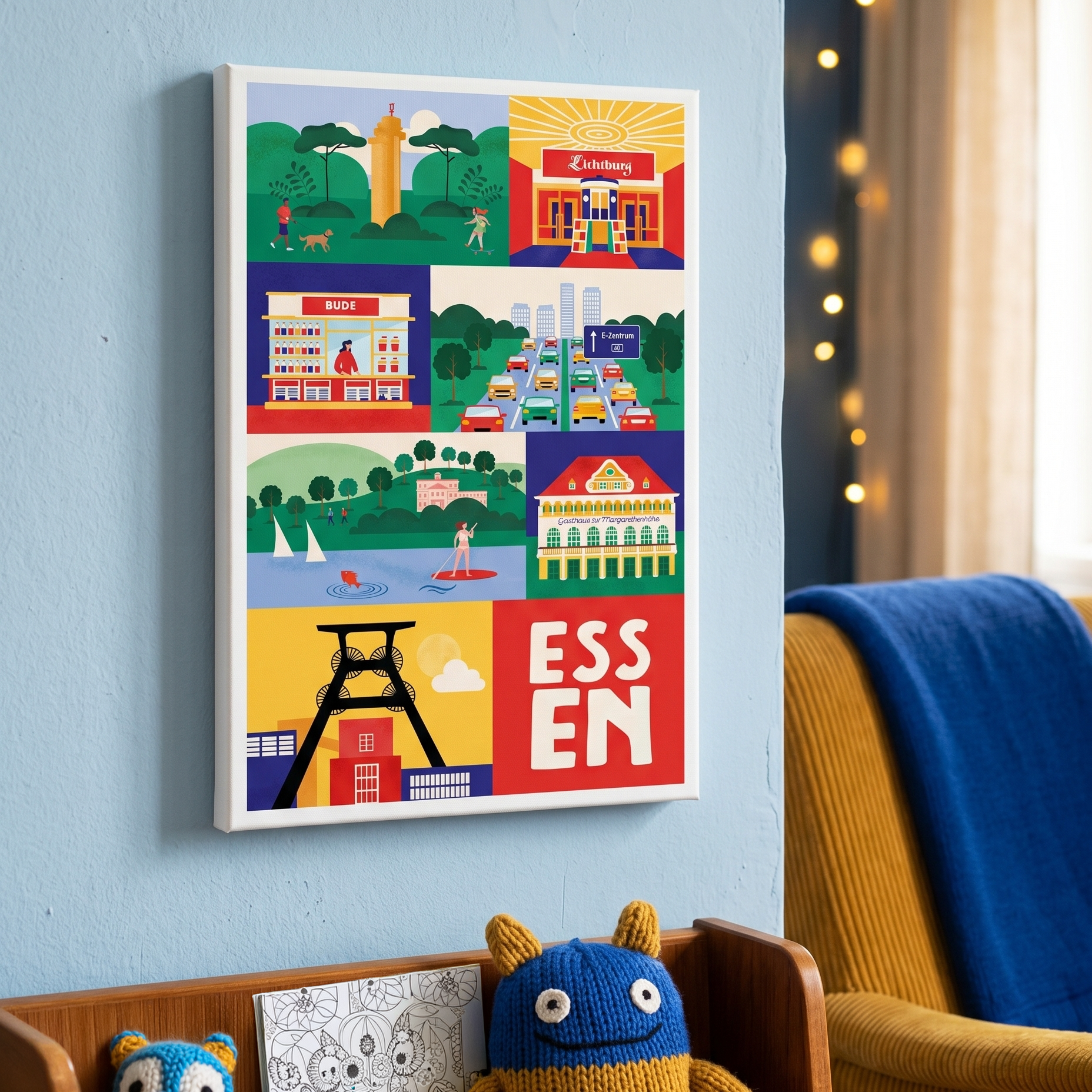Modernes Wandbild fürs Kinderzimmer Essen Stadtliebe Kunstdruck auf Leinwand nachhaltig produziert.