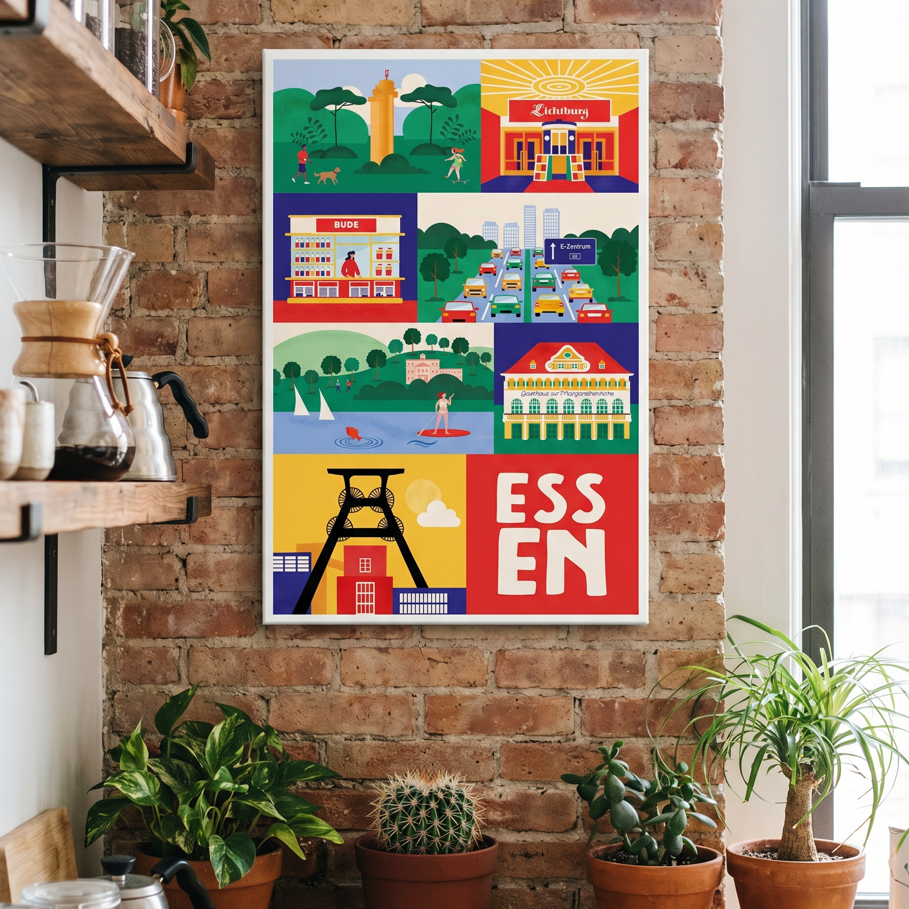 Buntes Poster Leinwand Essen Ikonen Lichtburg und Grugaturm für die Küche