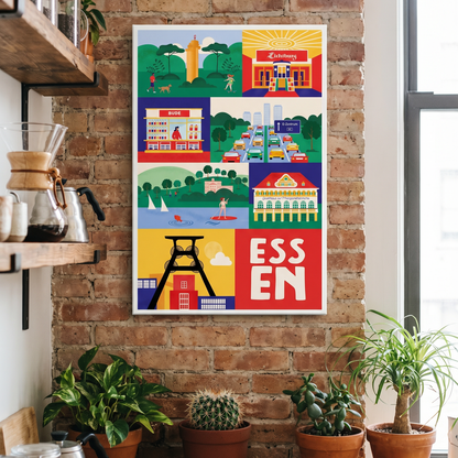 Buntes Poster Leinwand Essen Ikonen Lichtburg und Grugaturm für die Küche