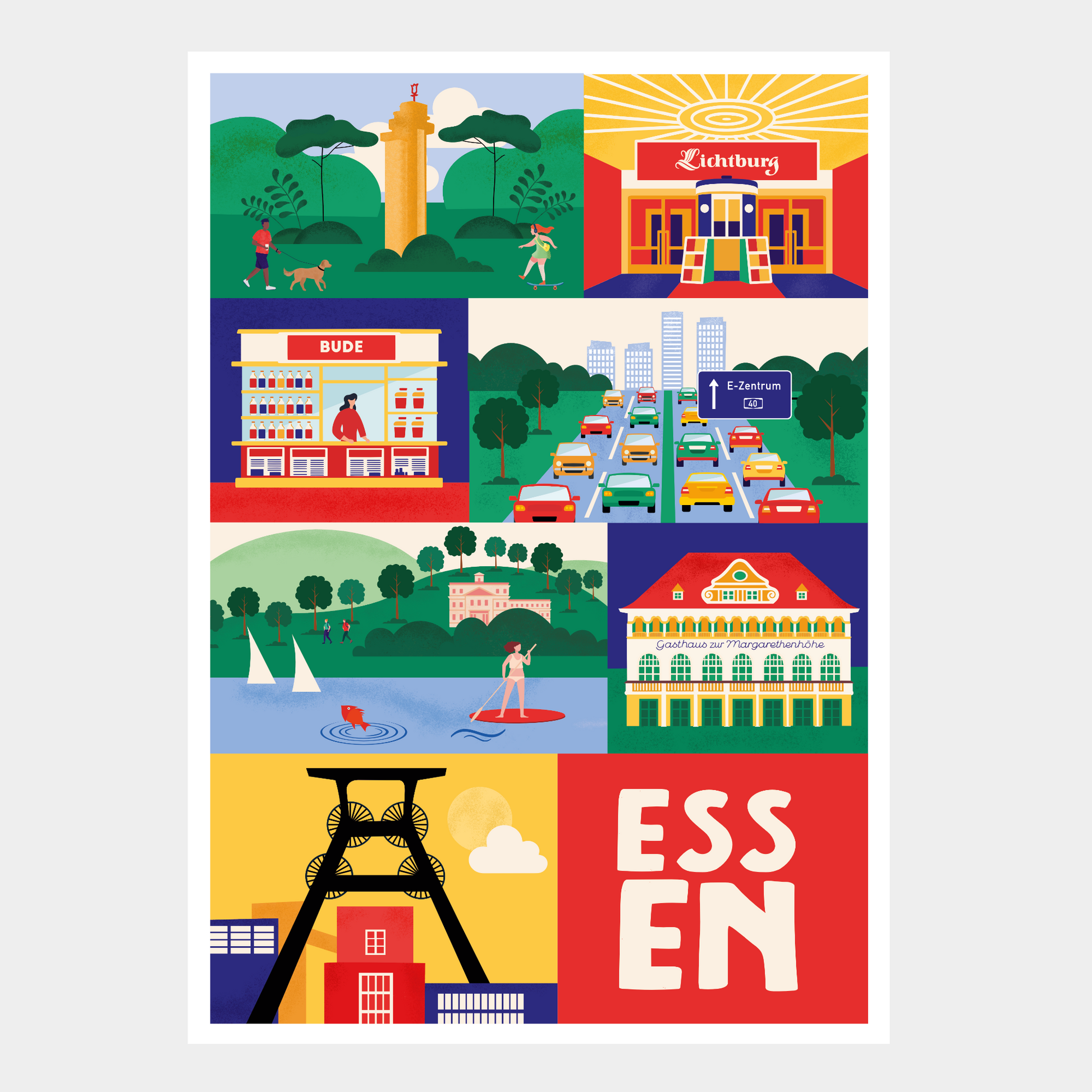 Poster Wohnzimmer mit Essen Illustration von Stadtkind Souvenir an einer weißen Wand