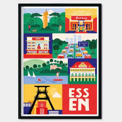 Flat-Illustration Baldeneysee mit Stand-Up Paddler auf dem Essen Poster