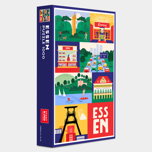 Essen Puzzle 1000 Teile Illustration mit Zeche Zollverein und Villa Hügel Motiven.