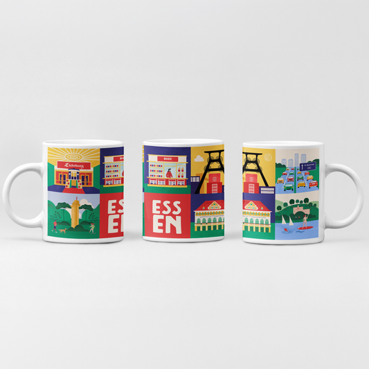 Stadtkind Souvenir Tasse Essen mit Illustration Zeche Zollverein und Lichtburg
