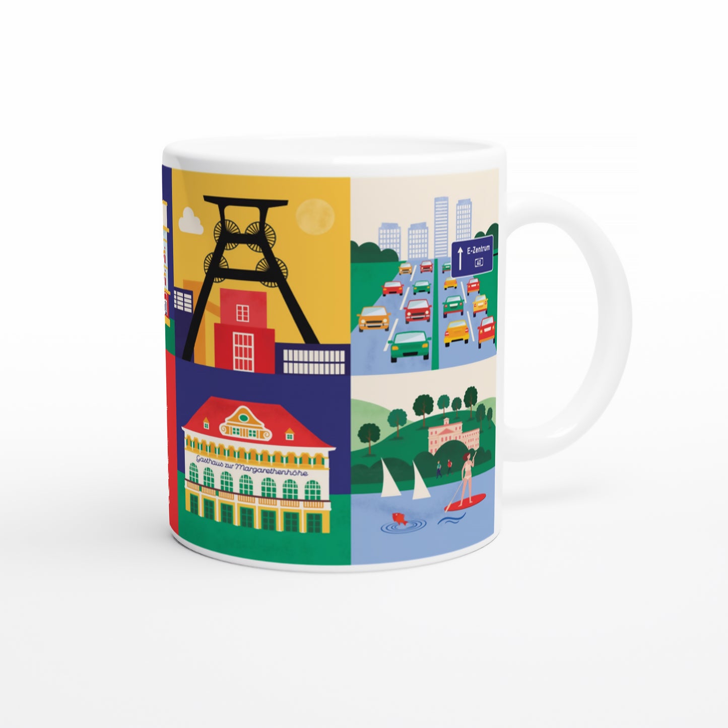 Kaffeebecher Essen Illustration Margarethenhöhe und A40 Motive