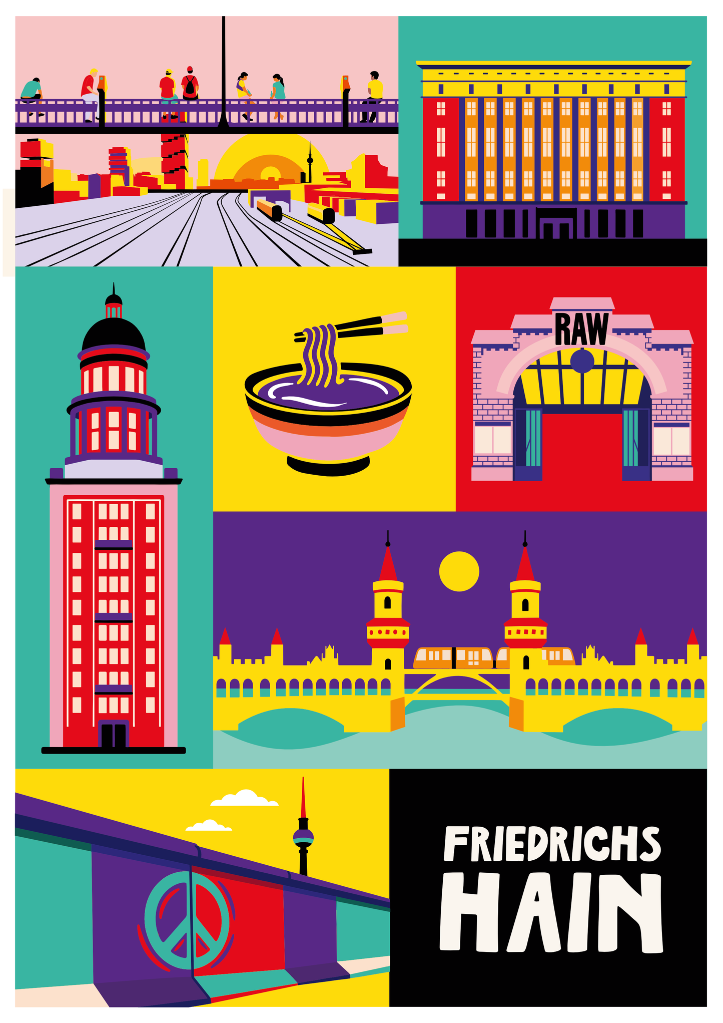 Bunte Pop-Art Illustration von Berlin Friedrichshain Wahrzeichen im Raster-Design mit Oberbaumbrücke, RAW Gelände, Frankfurter Tor und Text "Friedrichshain".