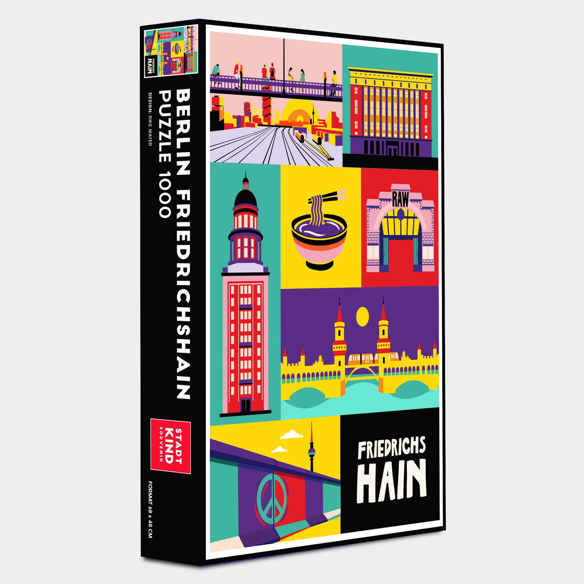 Hochwertige Verpackung des Berlin Friedrichshain Puzzles im Pop-Art-Design von Stadtkind Souvenir.