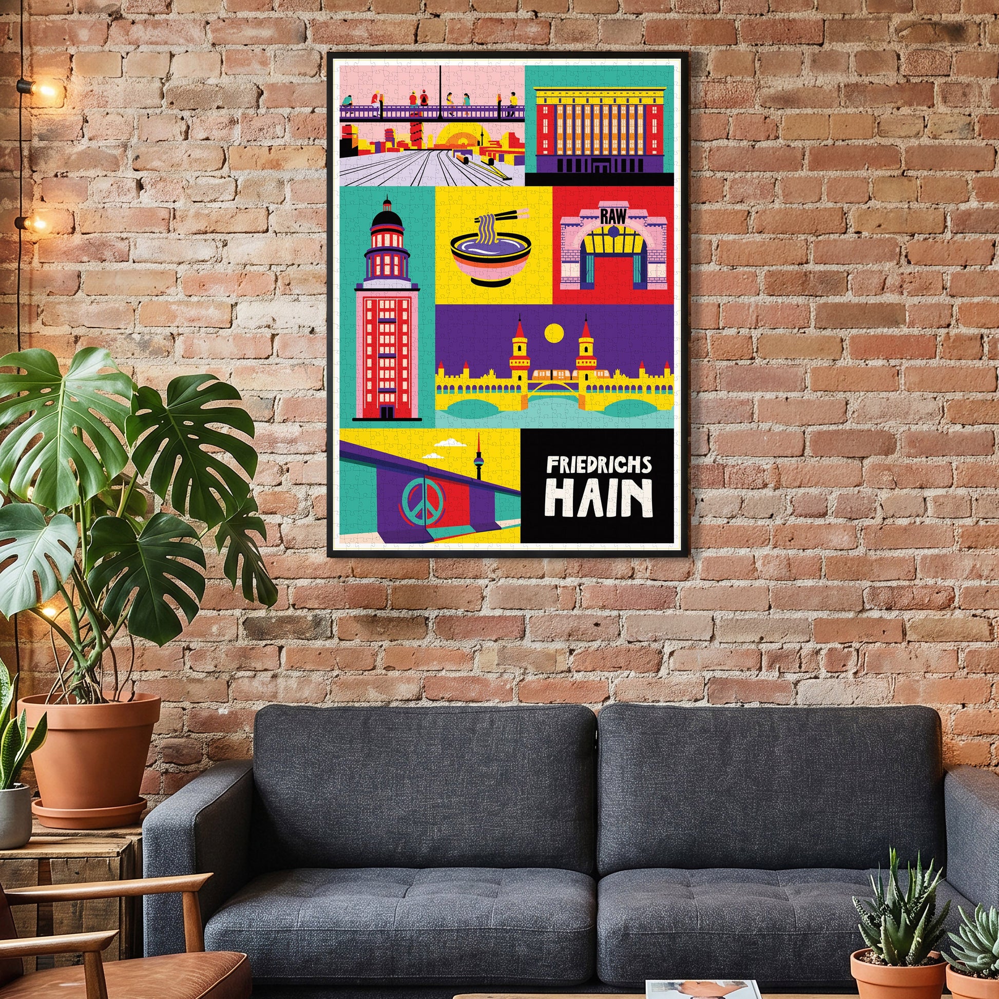 Gerahmtes 1000 Teile Puzzle mit urbanen Wahrzeichen aus Berlin Friedrichshain.