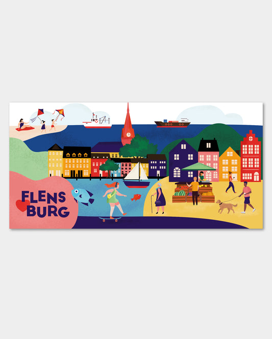 Moderne Leinwand mit Flensburg-Illustration – Segelboote, Hafen und Marktszene.
