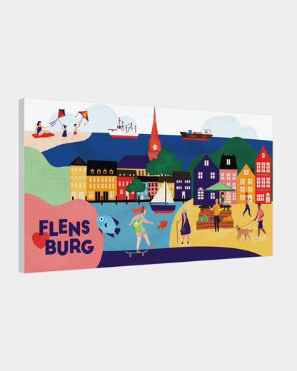 Farbenfrohes Wandbild von Flensburg mit maritimen Motiven und Altstadthäusern