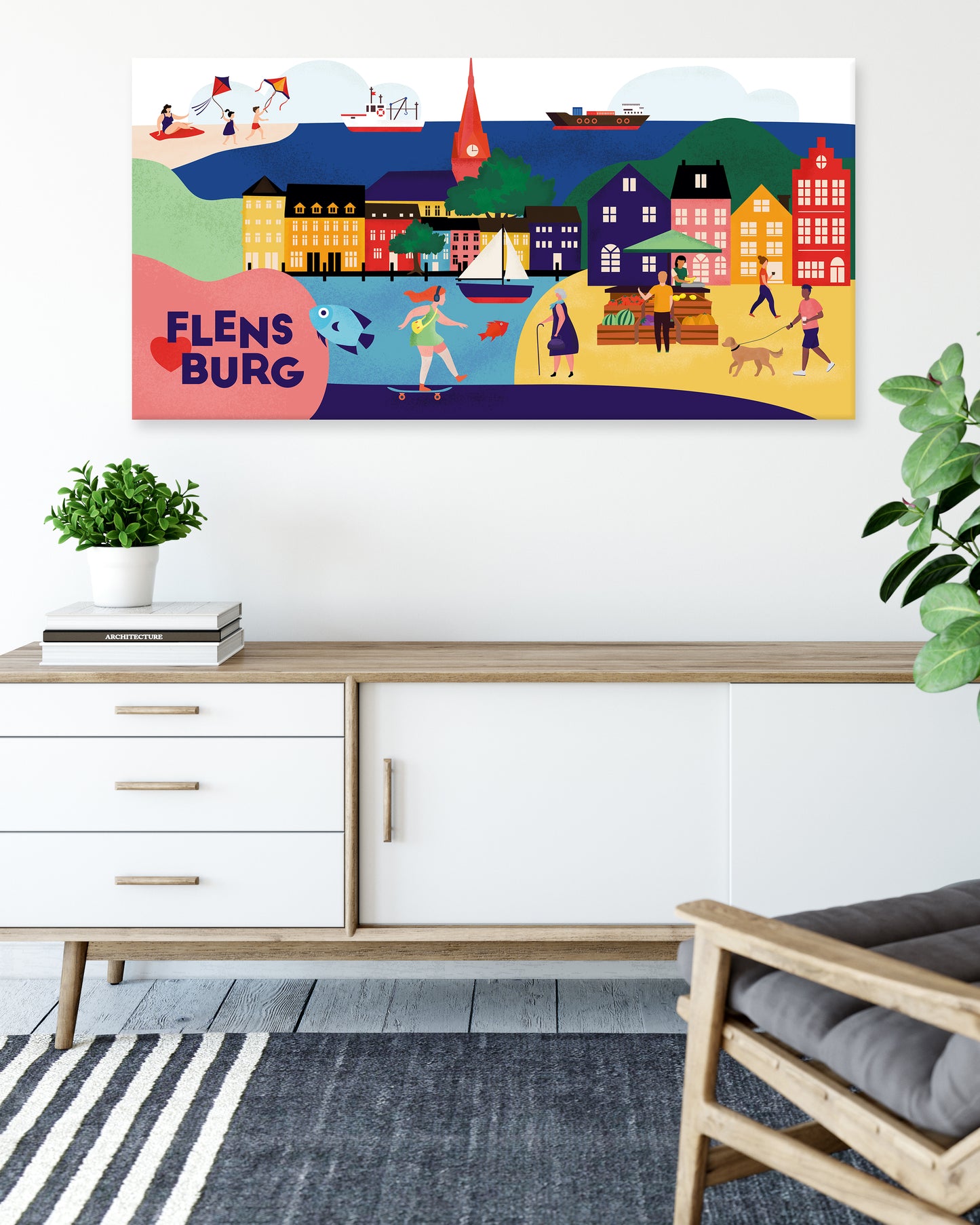 Flensburg-Leinwand mit Hafen, Strand und Marktleben – grafische Stadtansicht