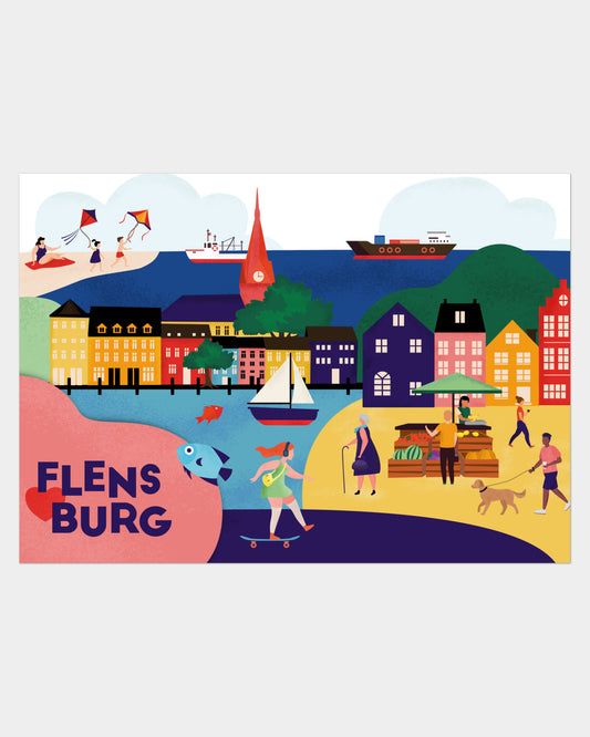 Design-Poster mit Flensburg-Motiv, bunten Häusern und Strandtag-Szene.