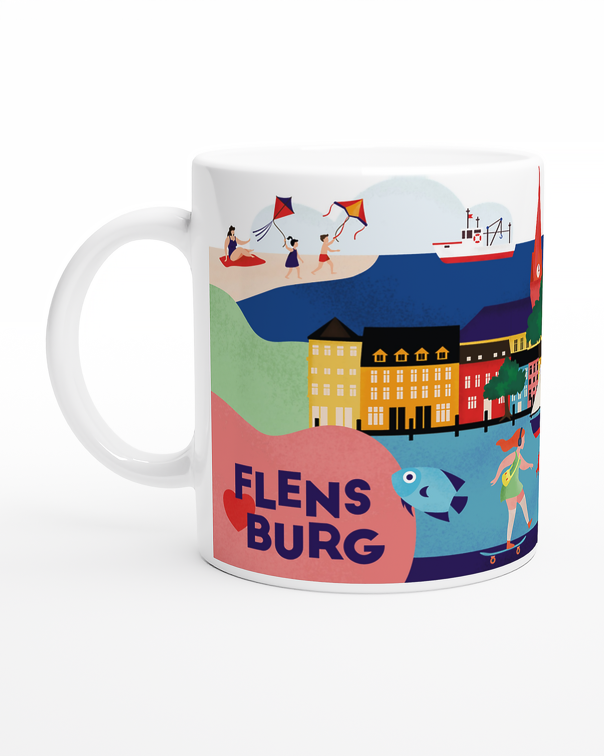 Keramiktasse mit moderner Flensburg-Illustration – Hafen, Segelboote und bunte Häuser