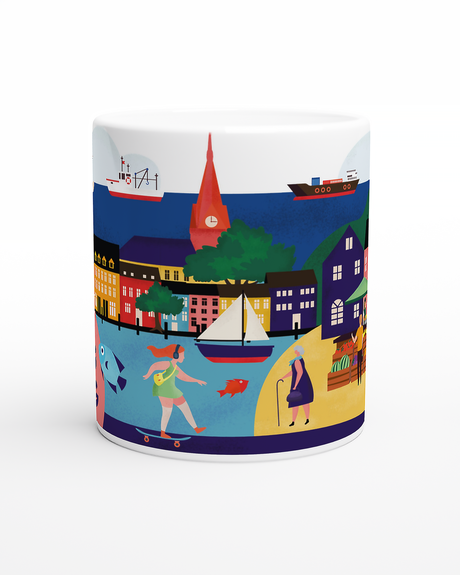 Design-Tasse mit Flensburg-Motiv, St. Marienkirche, Marktleben und Strandtag