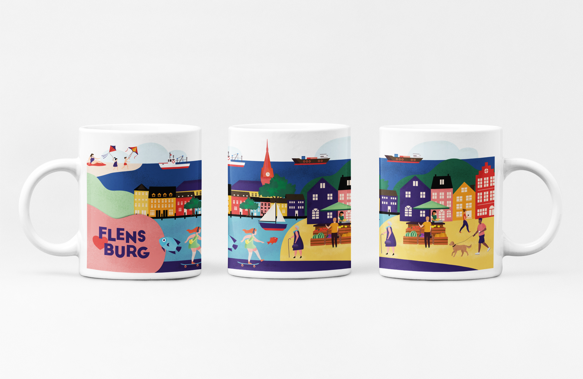 Flensburg Kaffebecher mit den schönsten Wahrzeichen der Stadt. Souvenir und Geschenkidee.